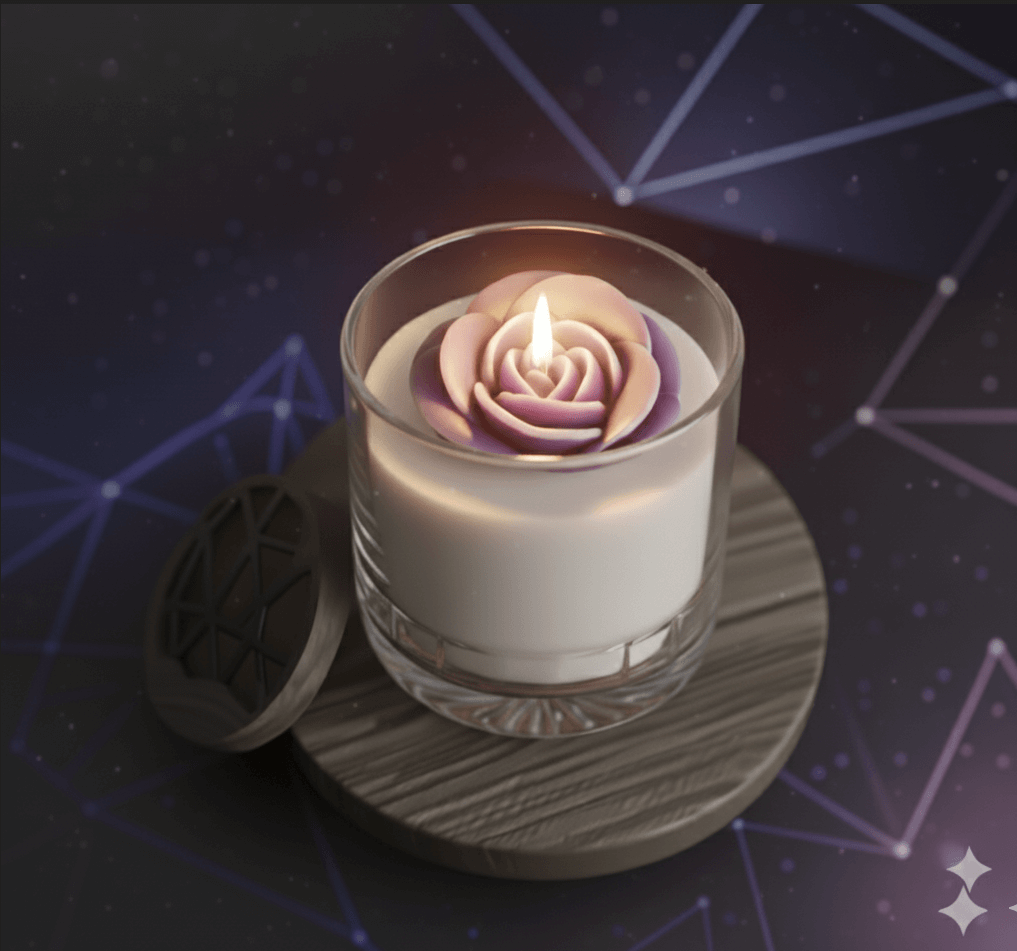 Vela de Flor Roxa em Vidro Decorativo em alta resolução, indicando luxo e qualidade.